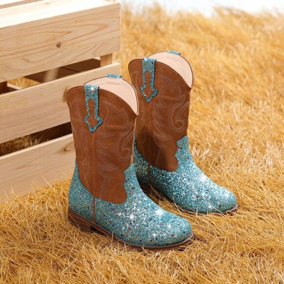 Kids Blue Sequins Boots Glitter Toddler Little Big Mid Western Riding Shoes - Picture 7 of 7